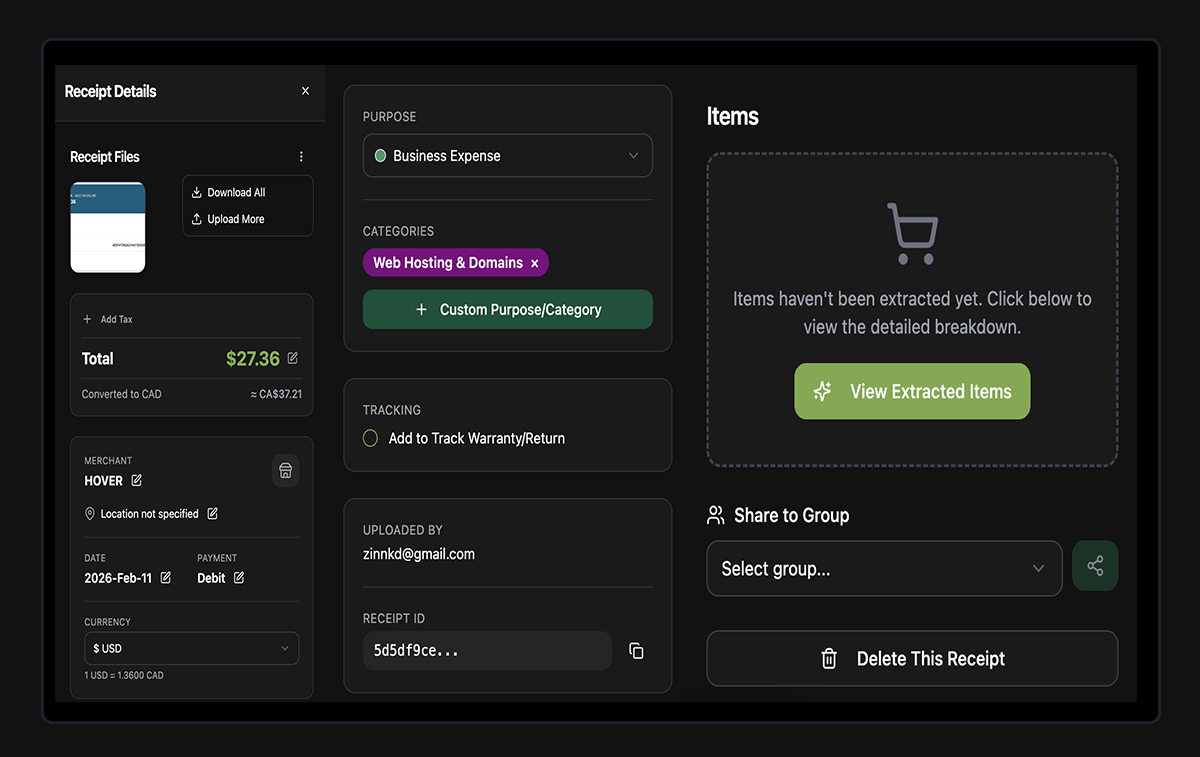 Receipt storage and management interface